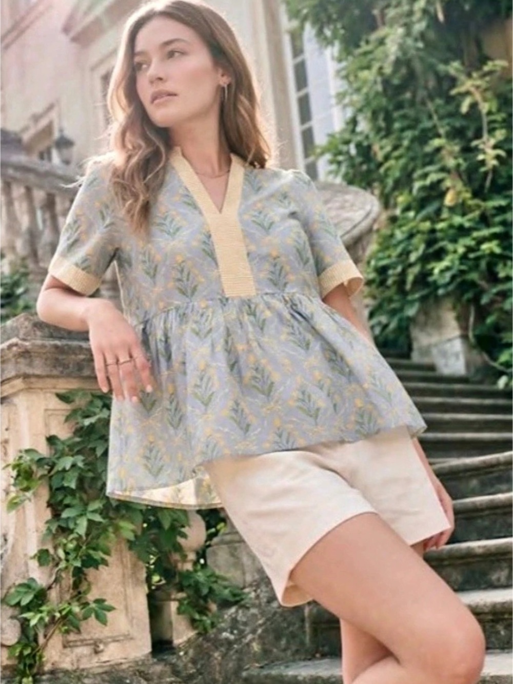 She + Sky Blouse Floral V-Neck Blue & Yellow